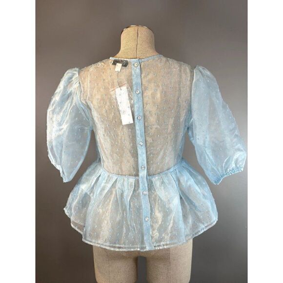 Topshop NWT Dobby Dot Organza Sheer Puff Blouse in Powder Blue Size 4 - Picture 4 of 5
